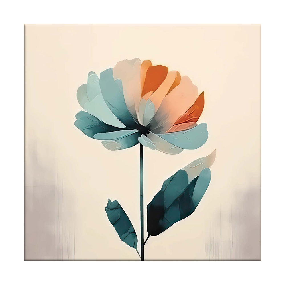 Quadro moderno su tela con un fiore stilizzato dai petali blu e arancioni su sfondo chiaro, dal design elegante e minimalista.