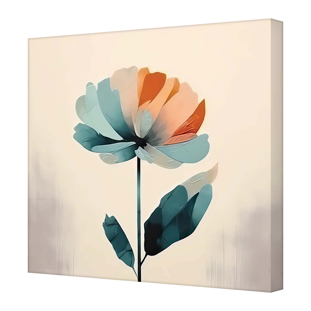 Quadro su tela con fiore stilizzato dai petali blu e arancioni su sfondo chiaro, design moderno e minimalista, visto leggermente di lato.