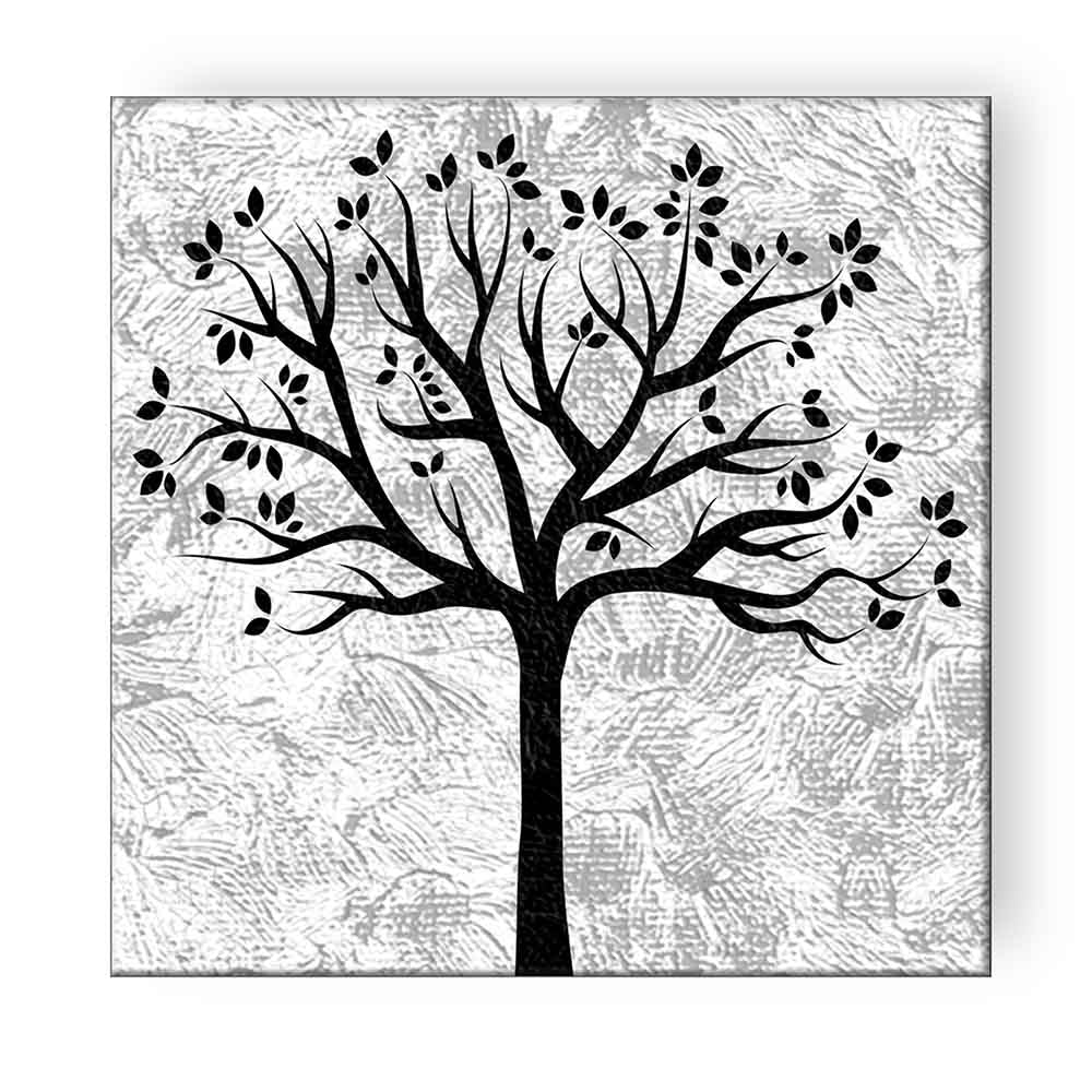 Quadro su tela con albero nero su fondo bianco materico, rami sinuosi e distribuzione bilanciata delle foglie, ideale per ambienti luminosi e moderni.