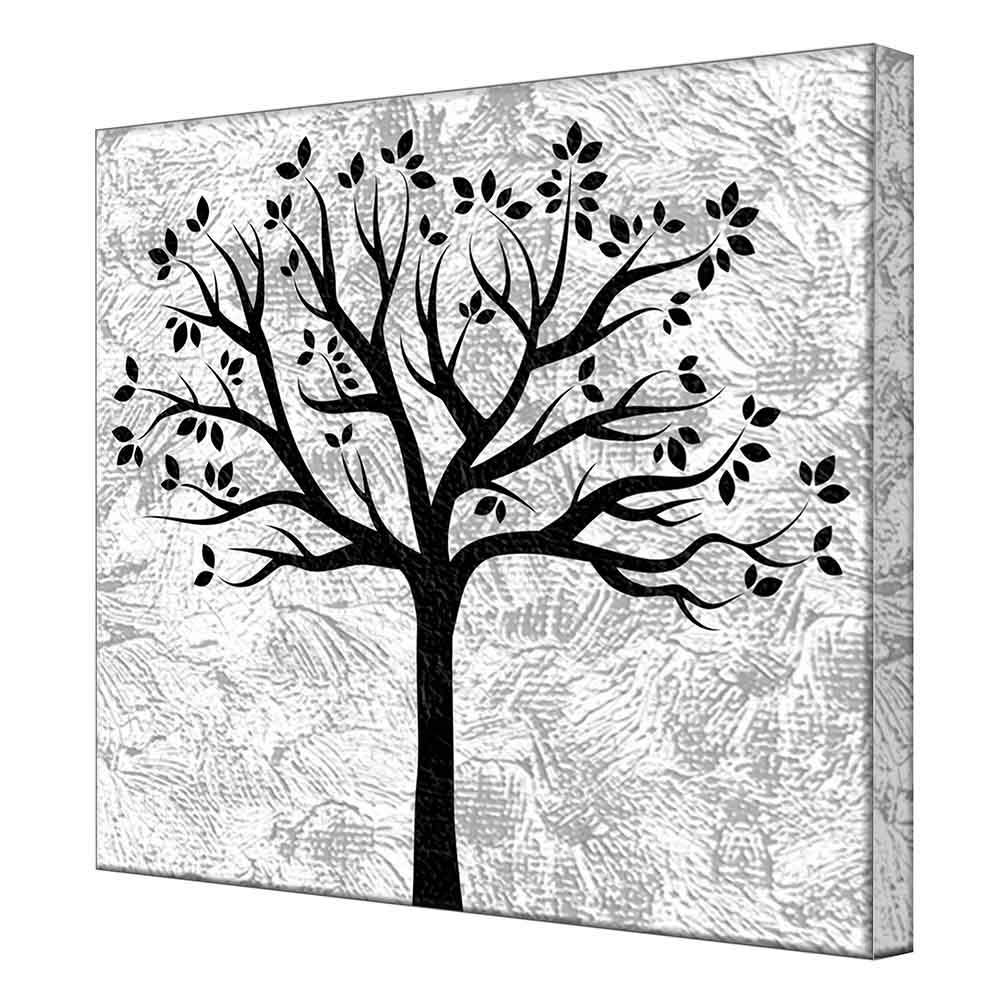 Quadro su tela in vista laterale, con albero nero ricco di ramificazioni su fondo bianco con texture graffiata, perfetto per arredamenti minimal.