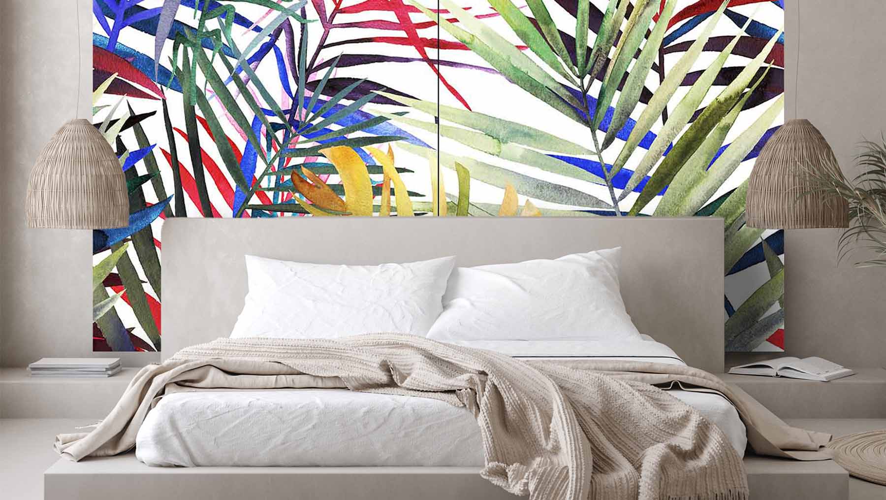 Quadro su tela grande con foglie colorate, ideali per decorare con stile moderno la parete della camera da letto o di ambienti eleganti.