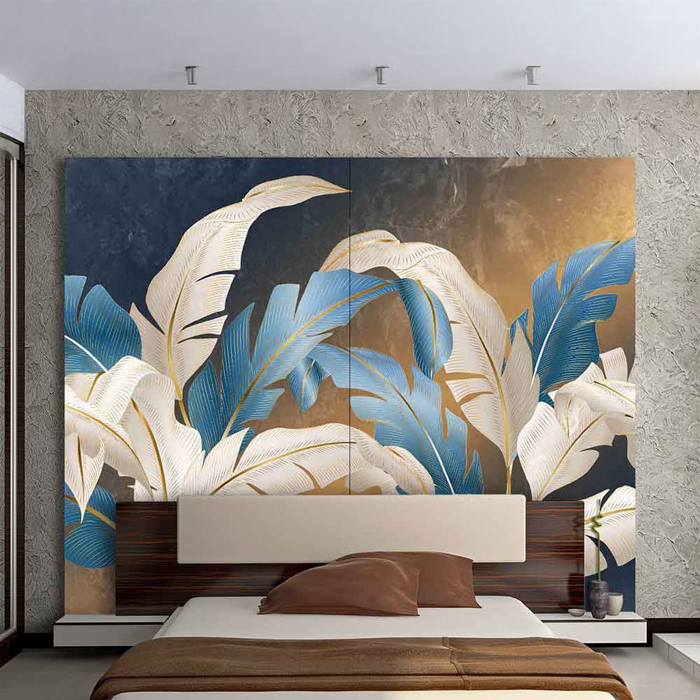 Quadro su tela grande con foglie tropicali  su sfondo sfumato oro e nero, ideale per pareti di grandi dimensioni.