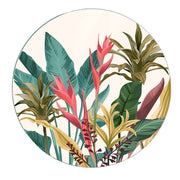 Sottopentola in vetro rotondo con stampa tropicale di foglie e fiori esotici multicolore, design vivace ed elegante, ideale per cucine moderne e colorate.