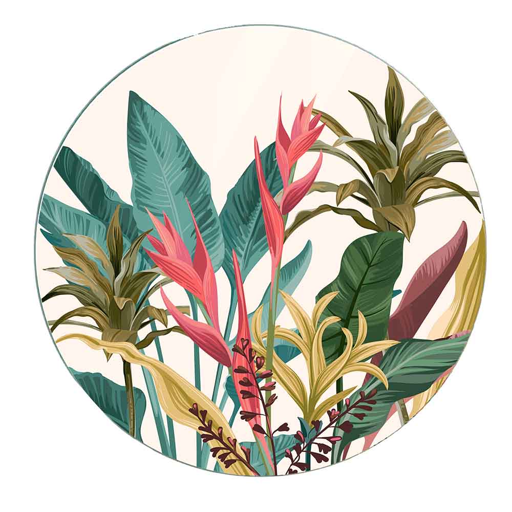 Sottopentola in vetro rotondo con stampa tropicale di foglie e fiori esotici multicolore, design vivace ed elegante, ideale per cucine moderne e colorate.