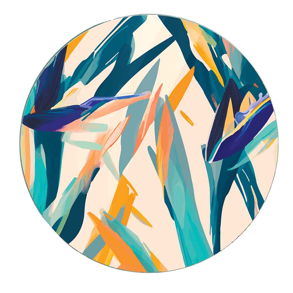 Sottopentola in vetro con fiore di strelitzia dai colori brillanti, ideale per una cucina vivace e tropicale.