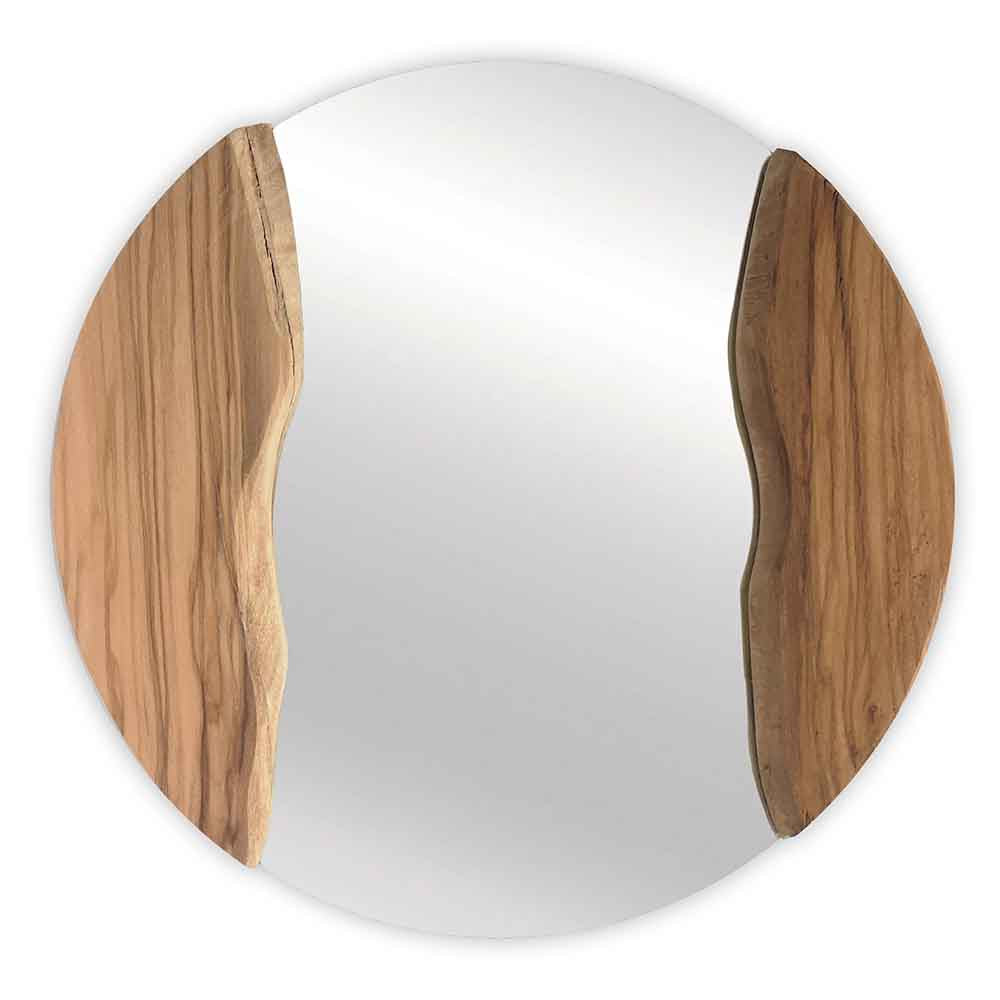 Specchio da parete rotondo in legno d’ulivo lavorato artigianalmente, diametro 48 cm