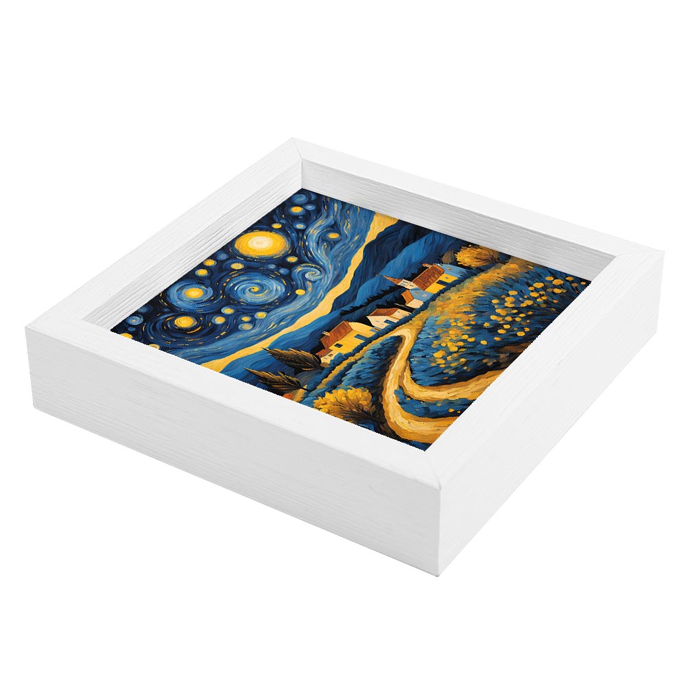 Svuotatasche bianco decorato con scena notturna, sentiero tra fiori e case sotto cielo stellato, vista laterale.