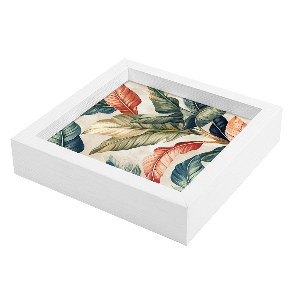 Svuotatasche bianco con illustrazione botanica tropicale multicolore, effetto naturale e armonico, visto lateralmente.