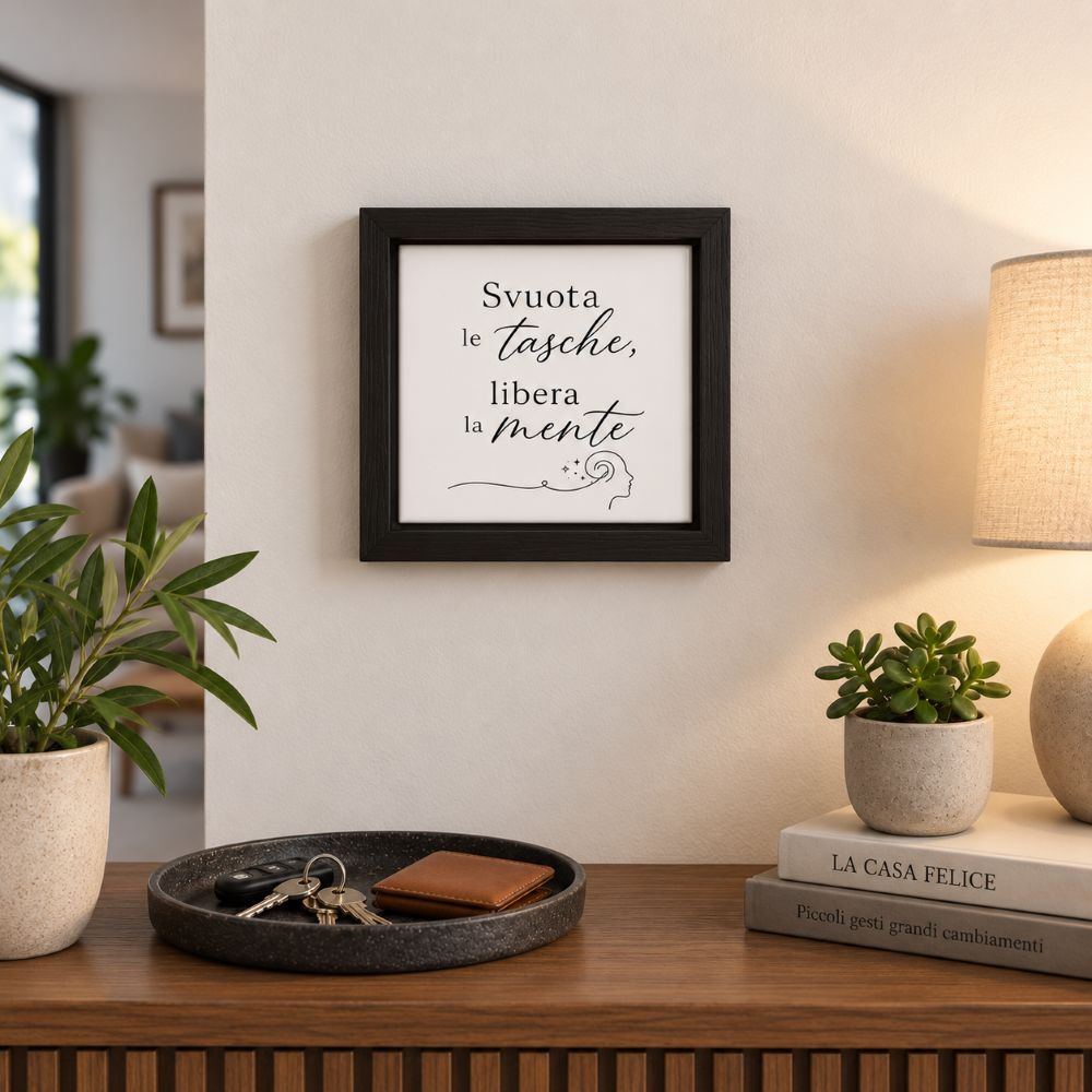 Svuotatasche 18x18 cm in ceramica con cornice in legno nero, appeso alla parete come quadretto decorativo