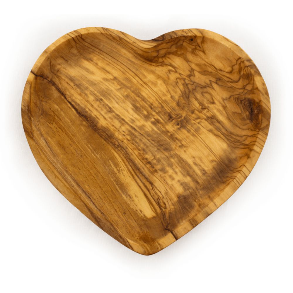 Svuotatasche a cuore in legno d’ulivo personalizzabile artigianale Made in Italy fotografato dall'alto