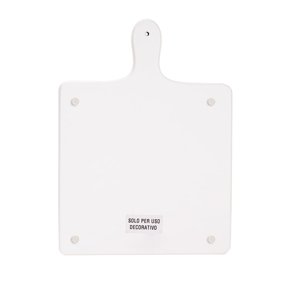 Retro del tagliere bianco con ceramica, piedini ai 4 angoli ed etichetta "SOLO PER USO DECORATIVO"