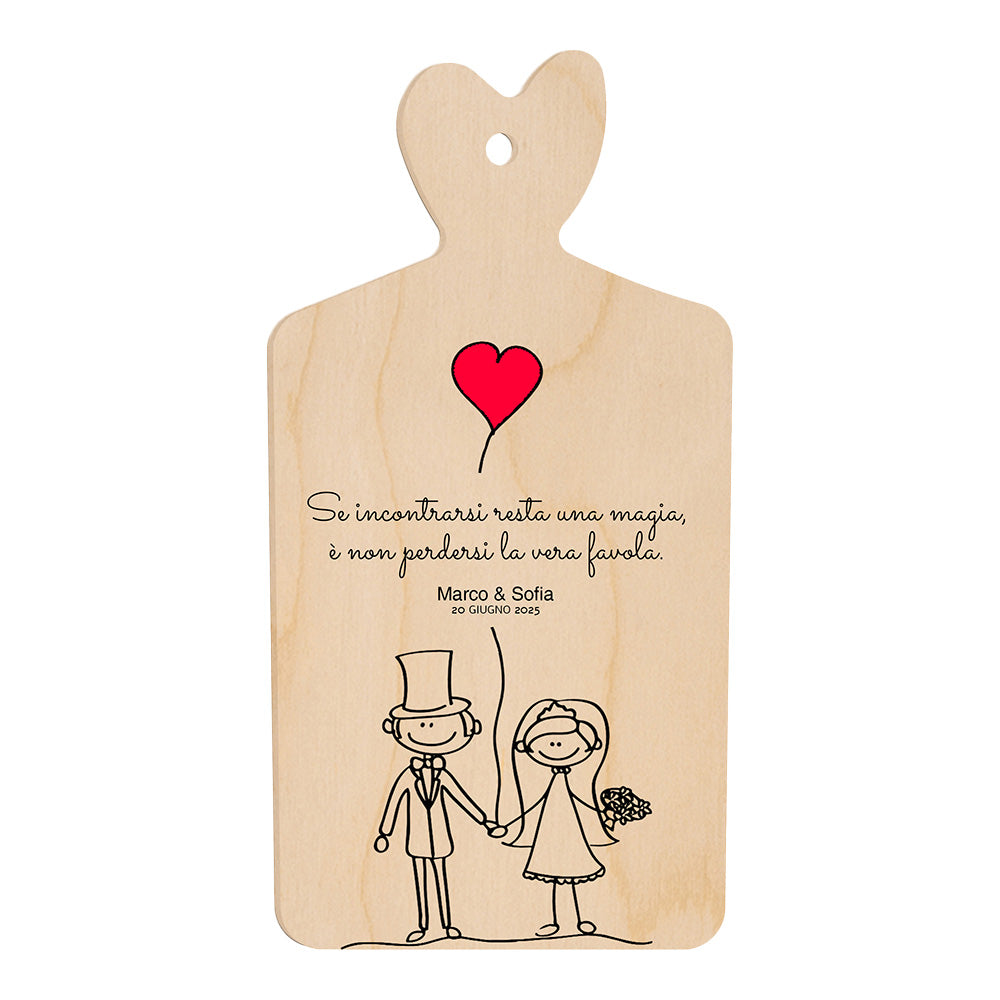 Tagliere Bomboniera Matrimonio “Stickman in Love” - Cuore Rosso e Frase Romantica