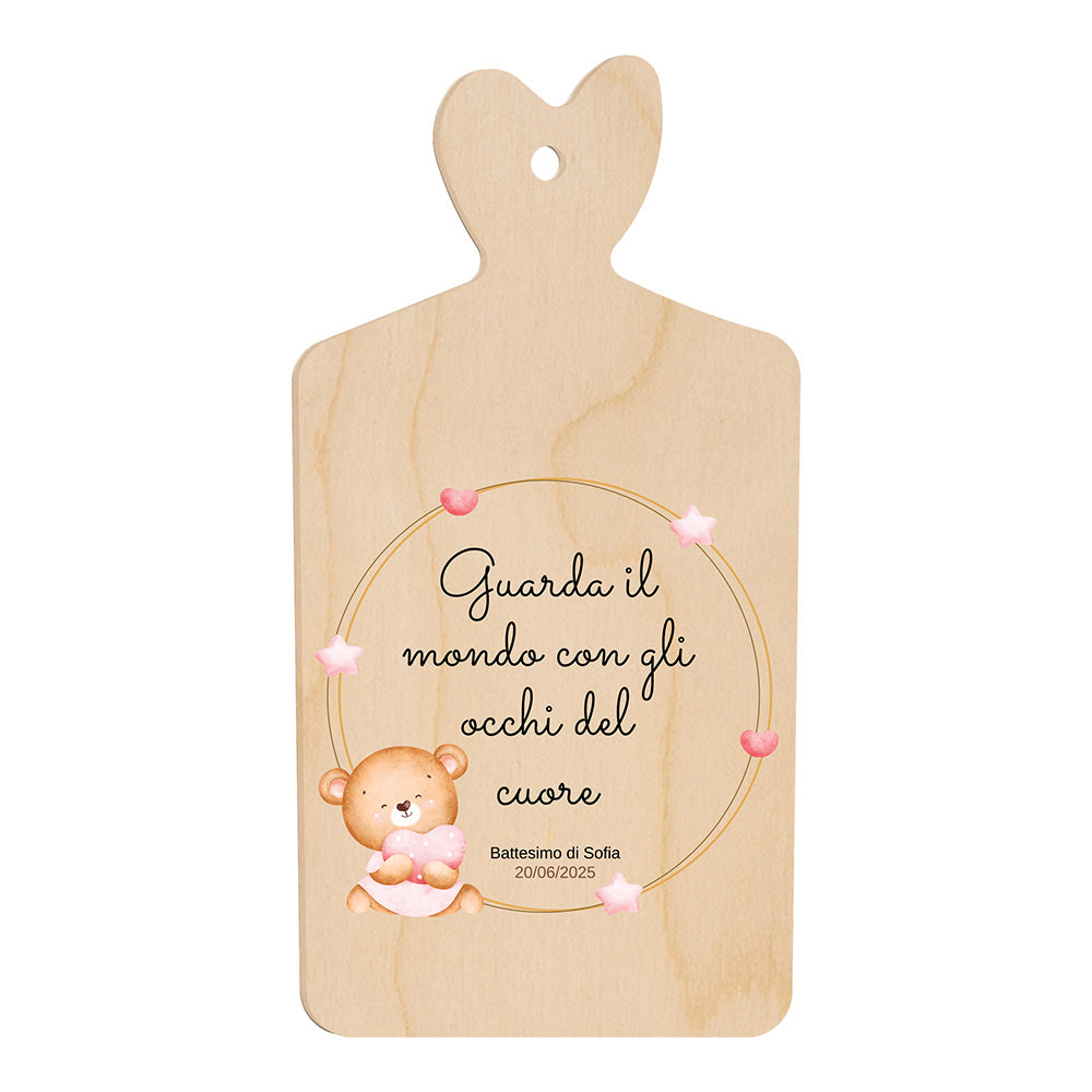 Tagliere Bomboniera Nascita Bimba “TeddyLove” - Orsetto Rosa con Frase