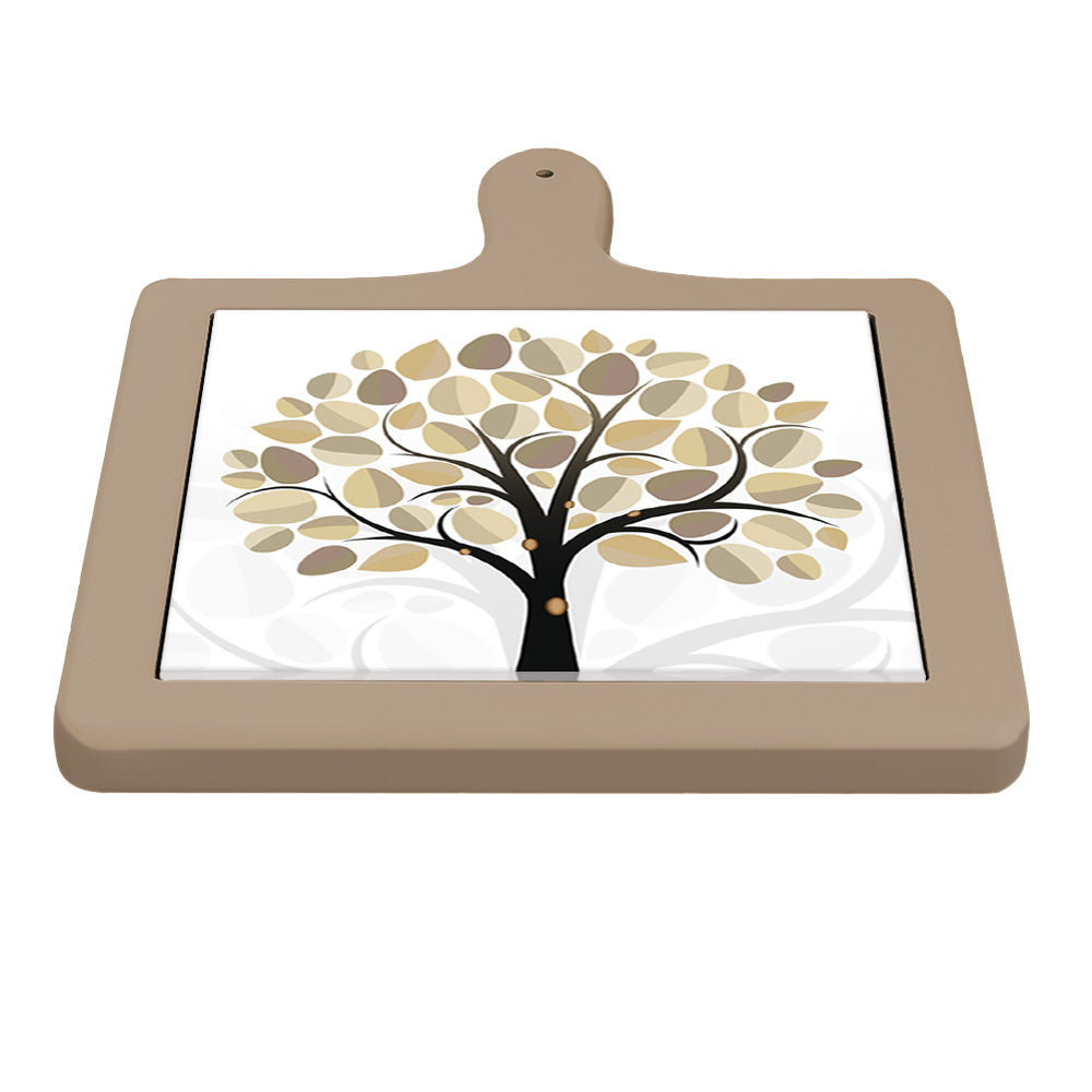 Tagliere in ceramica beige con decoro ad albero nero dalle foglie beige e tortora, visto frontalmente orizzontale.