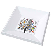 Vassoio in legno con ceramica decorata con un albero dai rami intrecciati e dettagli colorati, creando un effetto vivace e armonioso.